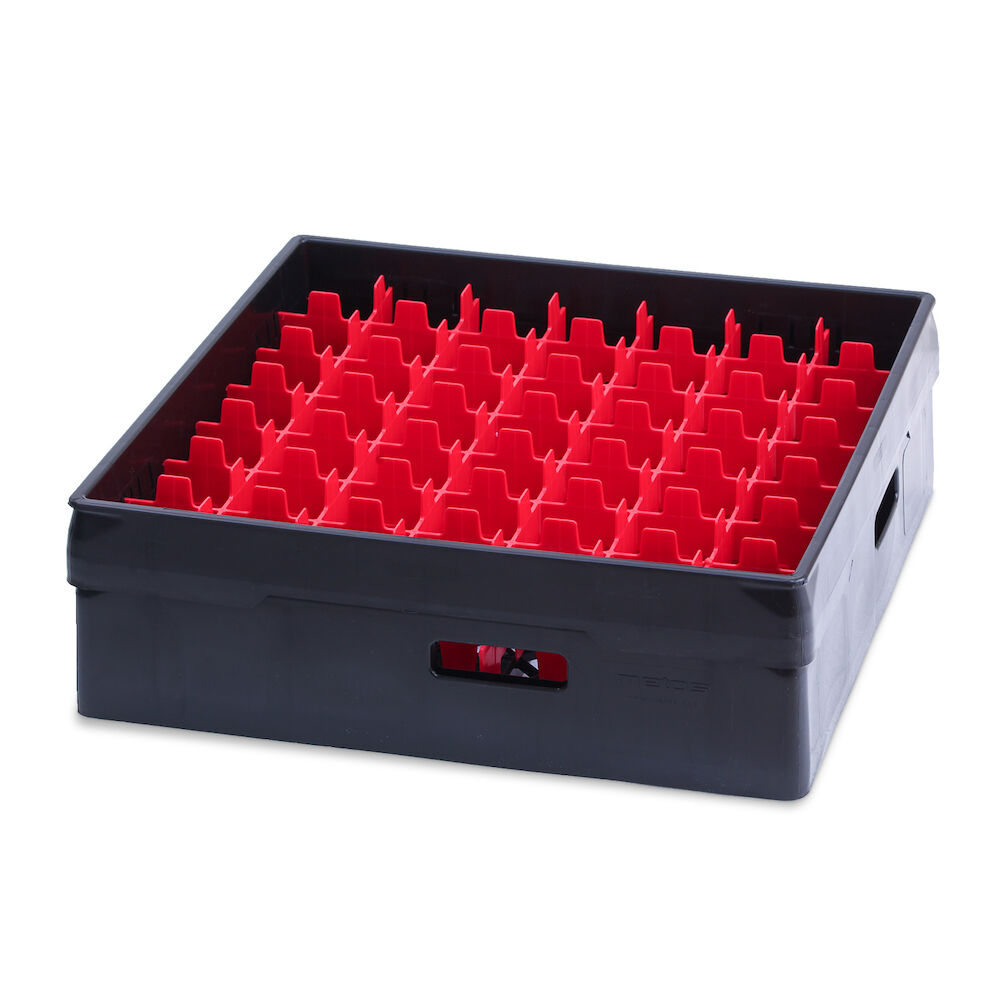 Black compartment basket Metos with red heightening frame andcompartment for 49 x Ø60 mm x120mm glasses