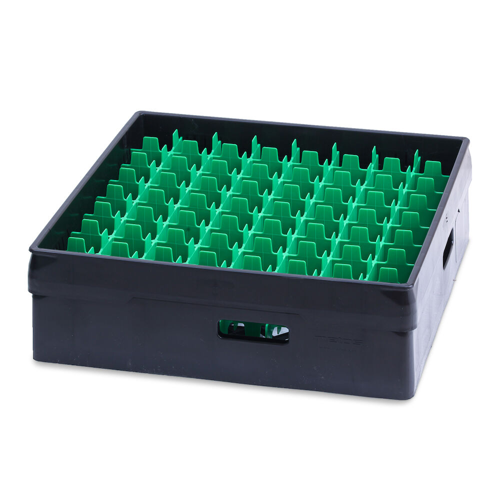 Black compartment basket Metos with green heightening frame andcompartment for 64 x Ø52x120 mm glasses