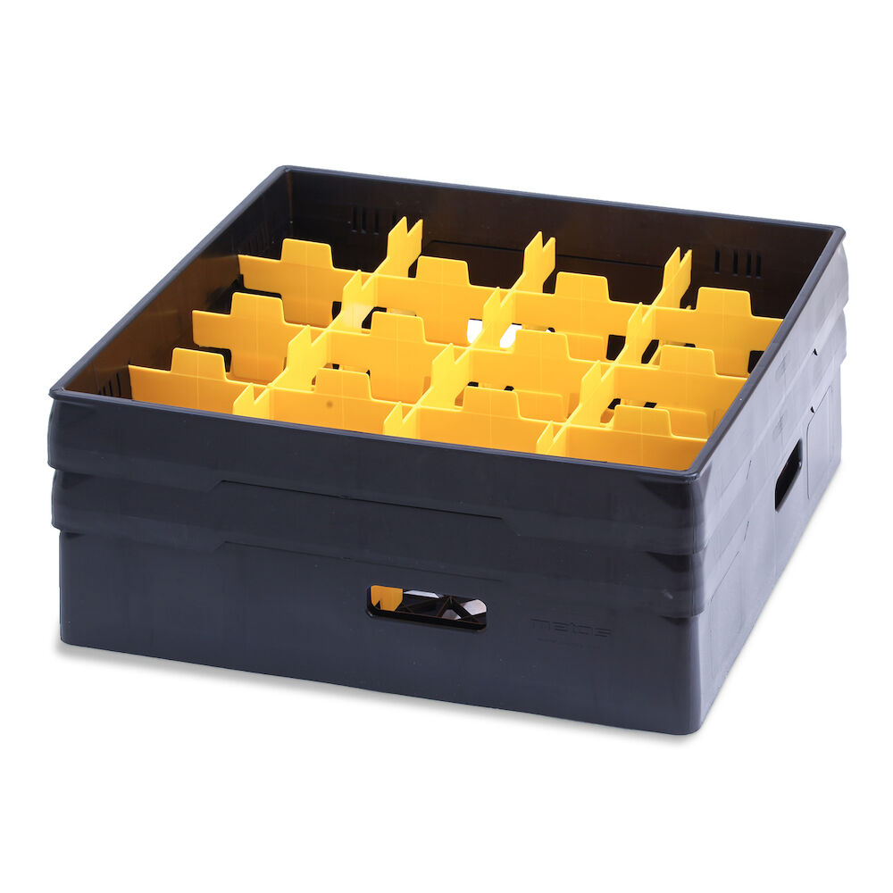 Black compartment basket Metos with yellow heightening frame andcompartment for 16 x Ø110x170 mm glasses